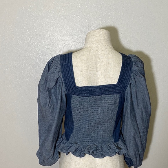 Anthropologie “Love The Label” Denim Smocked Puff Sleeve Top, Size S - Picture 3 of 7
